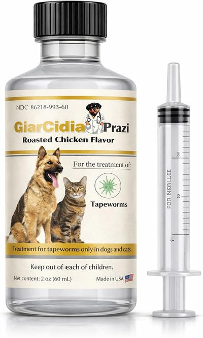 No More Tapeworms in Cats and Dogs- Dewormer for Cats and Dewormer for Dogs- USA Made Oral Suspension - Chicken Flavour with 3ml Dropper (60ml)