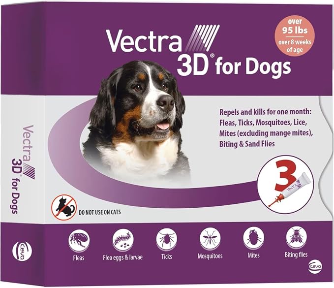 Vectra 3D Flea and Tick Prevention for Dogs, Kills and Repels Fleas, Ticks & Mosquitoes | Fast‑Acting, Waterproof, No Prescription Needed | Extra Large Dogs Over 95 lbs, 3‑Month Supply