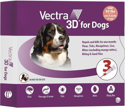 Vectra 3D Flea and Tick Prevention for Dogs, Kills and Repels Fleas, Ticks & Mosquitoes | Fast‑Acting, Waterproof, No Prescription Needed | Extra Large Dogs Over 95 lbs, 3‑Month Supply
