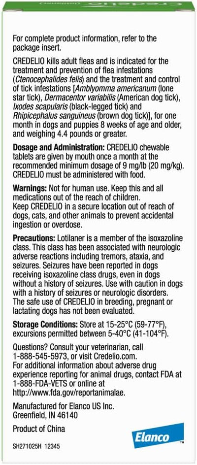Credelio (lotilaner) Tick & Flea Treatment + Flea Infestation Protection for Dogs 25.1-50.0 lbs. (1 Tablet)