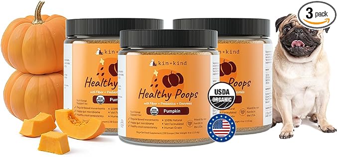kin+kind Healthy Poops – USDA Organic Pumpkin Powder for Dogs and Cats – Prebiotic Pumpkin Powder, Supports Probiotic Activity – Med. 3-Pack (3 x 4 oz)