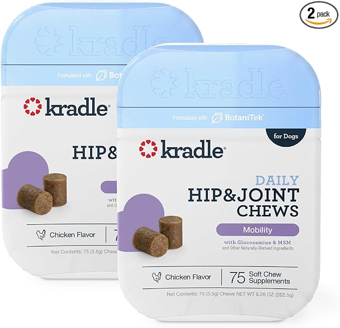 Kradle Hip & Joint Chews for Dogs - Glucosamine Chondroitin MSM Hyaluronic Acid - Active and Senior Dog Mobility Support - 150 Soft Chews