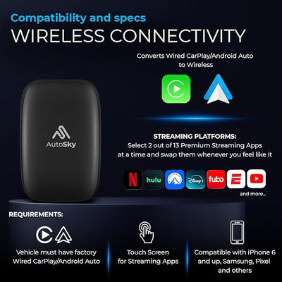 AUTOSKY AI Box Lite Flex – Wireless CarPlay & Android Auto Adapter with Selectable Streaming Apps (Netflix, Hulu, Disney+, Prime Video & More) – Plug & Play, Touchscreen Required