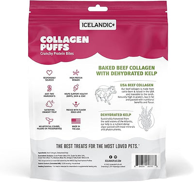 Icelandic+ Collagen Puffs: Baked Beef Collagen W/Dehydrated Kelp 2.5oz - Treats for Med-Lg Dogs, Crunchy Protein Bites (Pack of 2)