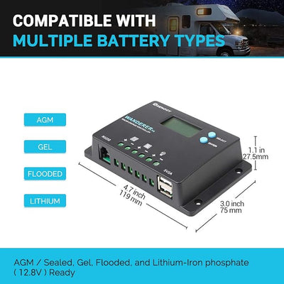 Renogy 10A 12V/24V PWM Positive Ground Solar Charge Controller Regulator Compact Design w/ LCD Display for Deep Cycle Sealed AGM, Gel, Flooded Battery (Not for Lithium)