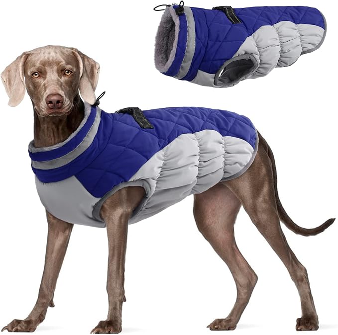 FUAMEY Dog Coat for Large Dogs,Waterproof Dog Winter Jacket with Harness Built in Puppy Cold Weather Coats Reflective Pet Vest with Zipper Warm Fleece Dogs Snowsuit Windproof Blue XXXL