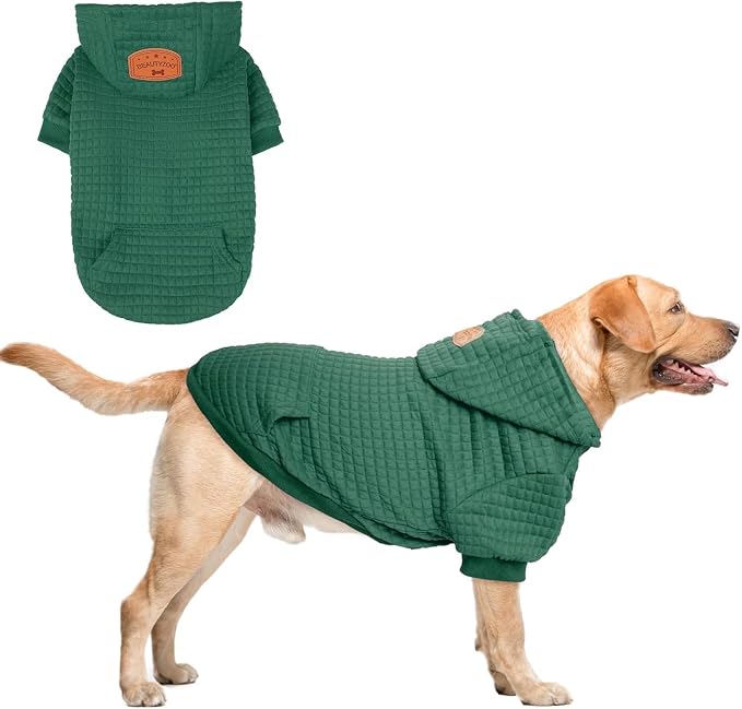 BEAUTYZOO Small Dog Hoodie Sweater with Pockets, Dog Clothes for Small Medium Dogs Boy Girl, Waffle-Like Laminated Cotton Pet Coats with Hat and Leash Hole, Green XL