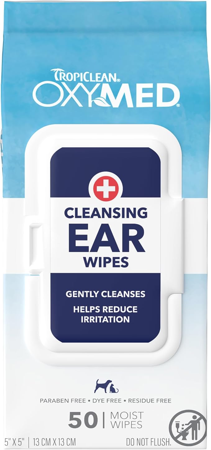 TropiClean Oxymed Soothing Ear Wipes for Dogs & Cats, Anti-Itch Relief, 50 Count