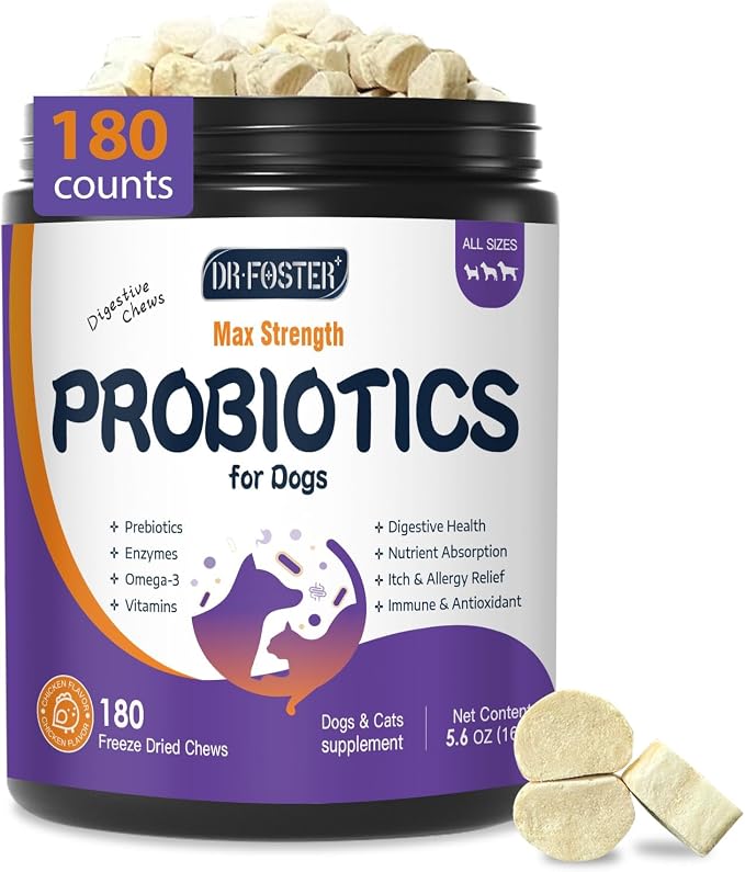 DRFOSTER Probiotics for Dogs, Freeze-Dried Dog Probiotics and Digestive Enzymes, Plus Omega-3 for Itchy Skin, Prebiotics for Digestive Health, Dog Vitamins and Supplements for Immune Health, 180 Bites