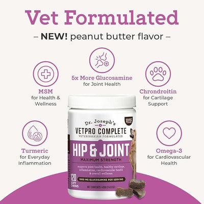 Dr. Joseph's VetPro Complete Dog Hip & Joint Supplement for Arthritis Pain Relief – High-Strength Glucosamine & Chondroitin Chews for Senior Dogs – Vet Formulated, Peanut Butter Flavor, 120 Ct