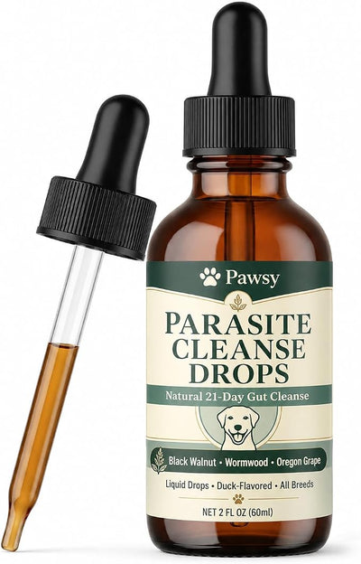 Pawsy Parasite Cleanse Drops, Botanical Blend, Supports Daily Digestive Balance, Duck-Flavored Liquid Drops for All Breeds and Life Stages, 2 fl oz