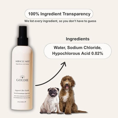 Goldie Dog Essentials Miracle Mist Hypochlorous Acid Spray for Dogs | Hot Spots | Paw Licking | Itchy Skin | Minor Wounds | Odor Support | Lick Safe | Fragrance Free | Alcohol Free