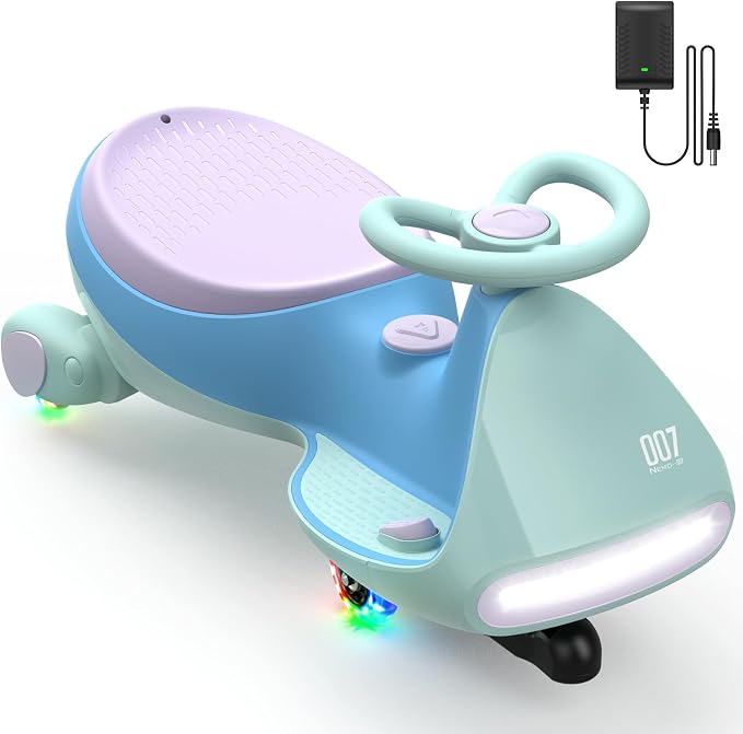 FanttikRide N7 Pro Electric Wiggle Car, Rechargeable Battery, CyberWiggle, 2 in 1 Swing Car, 2 Speeds Max 4 Mph, Anti-Rollover, Flashing Wheels, Bluetooth, Ages 3+, 150 Lbs, Glacier Blue