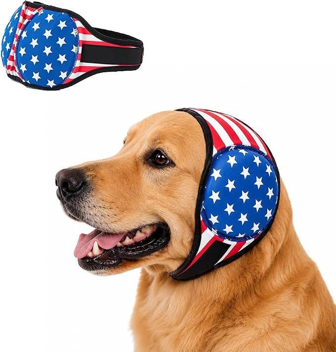 Dog Ear Muffs Noise Protection American Flag Patriotic Pet Covers Waterproof Swim Ear Protector Elastic Soft Snoods for Dogs Anxiety Relief Grooming for 4th of July (M)
