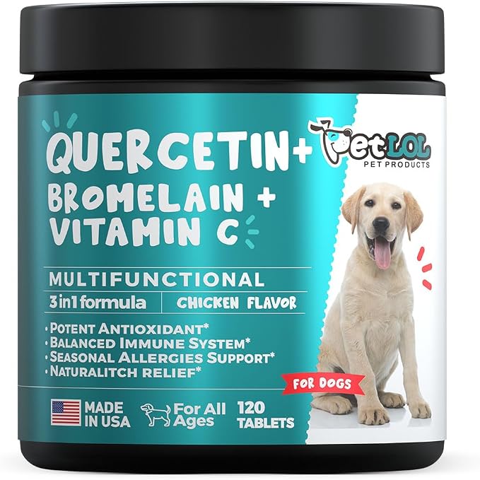Quercetin for Dogs with Bromelain & Vitamin C – Dog Allergy Relief Chews for Itchy Skin, Seasonal Allergies & Immune Support – Anti Itch Supplement – 120 Chewable Tablets – Made in USA