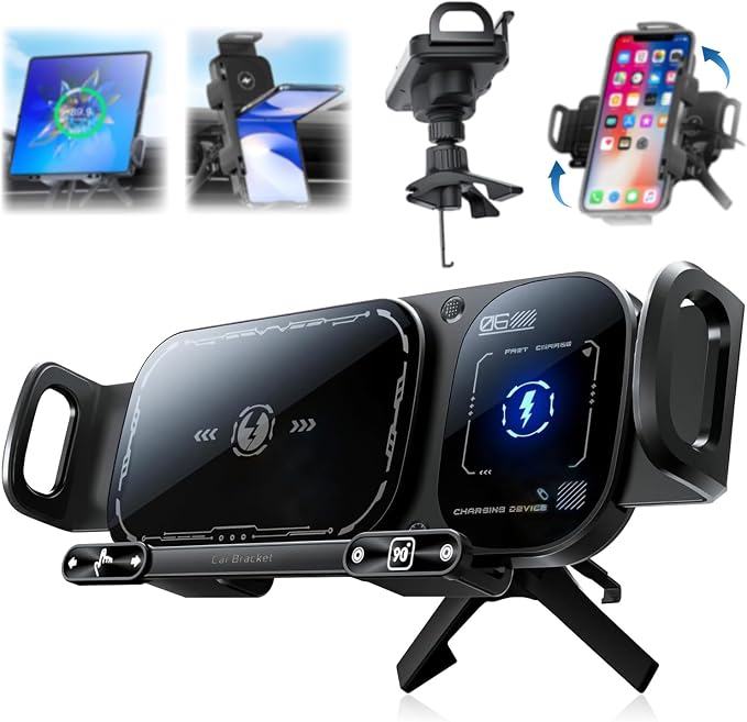 FunApricity Wireless Charging Rotating Car Mount,High Intelligent 2 in 1 Auto Rotating Phone Holder,Car Charger Fast Charging, One-Click Auto-Rotating & Clamping for Smartphone/Pad/Foldable Phone