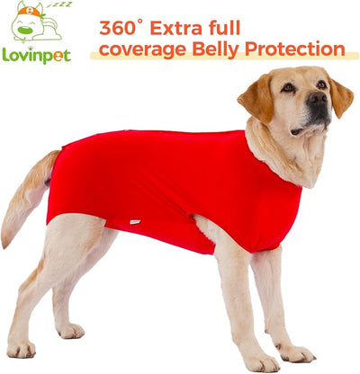 LovinPet Dog Recovery Suit, Easy Snap-Back Cover for Large Dogs, Bodysuit for Female Dogs, Solid-Color Surgery Suit with Cushioned Belly Panel, Red, XL