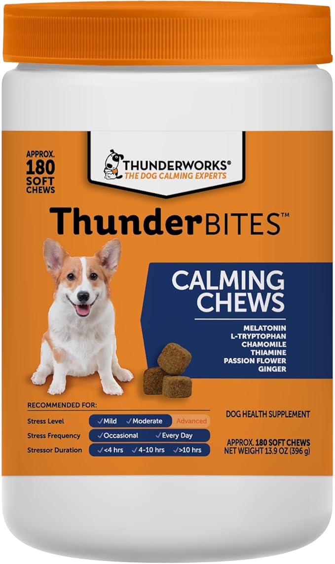 ThunderBites Dog Calming Chews, Thiamine, L-Tryptophan, Melatonin and Ginger, Can Help Relieve Stress from Separation, Storms, Fireworks & Travel (180 Count), Formerly ThunderWunders