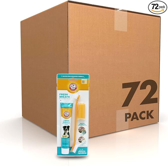 Arm & Hammer for Pets Fresh Breath Dog Dental Kit, Toothpaste, Toothbrush, and Finger Brush, Baking Soda Enhanced, Reduces Plaque and Tartar, Vanilla Ginger Flavor, 2.5 Oz - 72 Pack
