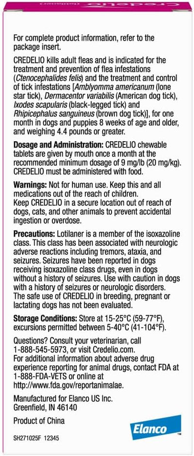 Credelio (lotilaner) Tick & Flea Treatment + Flea Infestation Protection for Dogs 6.1-12.0 lbs. (1 Tablet)