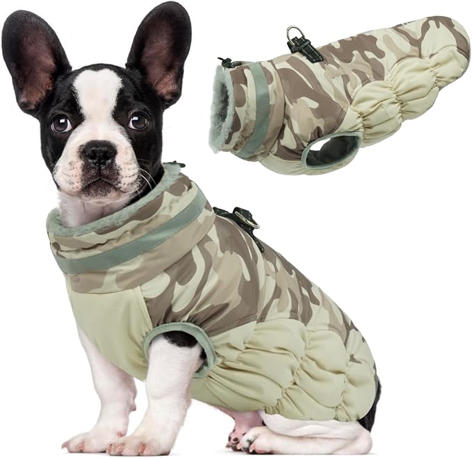 Lelepet Warm Dog Winter Coat Dog Coats for Small Dogs Waterproof Dogs Jacket with Harness Built in Reflective Cold Weather Coats Windproof Zip-Up Winter Fleece Vest Snowsuit Chihuahua Desert Camo