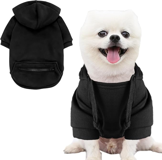 Jecikelon Dog Hoodies for Small Dogs with Zipper Pocket, Soft Fleece Puppy Clothes with Rope Hat, Warm Winter Outfits Cold Weather Coats, Cute Sweatshirt Chihuahua Costume (Small, Y02-Black)