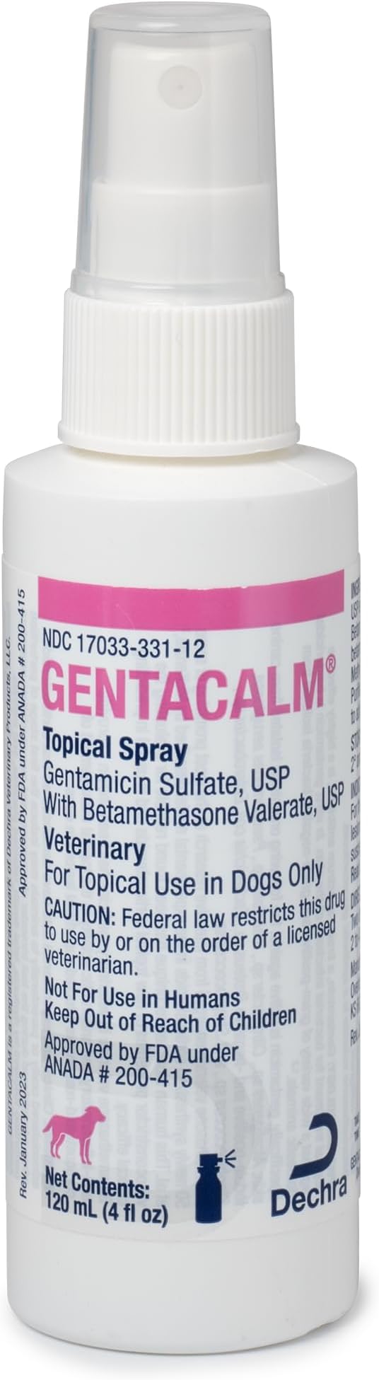 GENTACALM® Topical Spray (Gentamicin Sulfate, USP with Betamethasone Valerate, USP) 120 mL Spray Bottle for Dogs