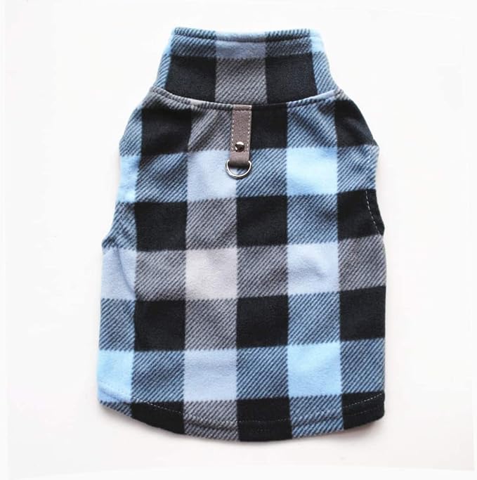 Dog Sweater, Soft Fleece Vest with Leash Ring Pullover Jacket Winter Pet Dog Clothes for Puppy Small Dog Cat Teddy Chihuahua Yorkshire for Christmas (Small, Blue Grey Plaid)