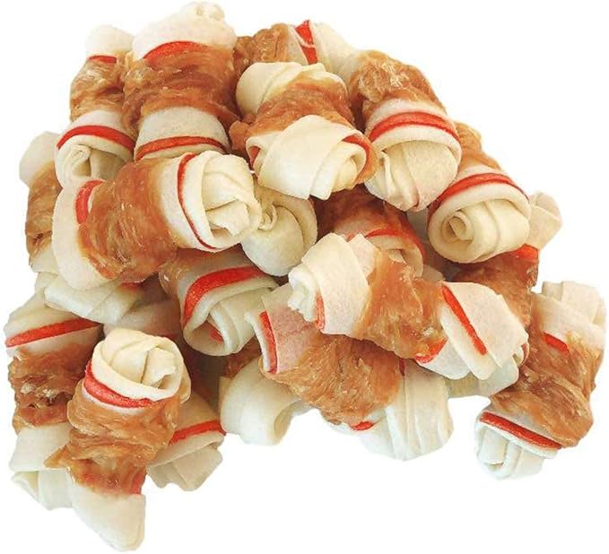 Chicken Wrapped Rawhide Bones, 2.5 Inch Mini Knots Dog Treats, High Protein 65% Puppy Chews and Satisfying Rewards for All Breeds, 8 Ounces