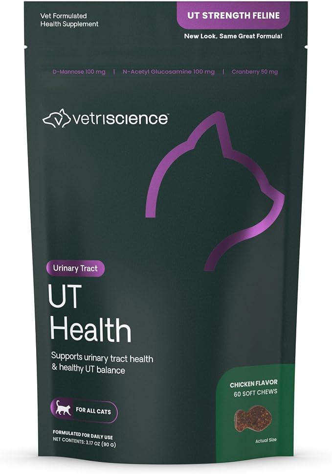VetriScience UT Health Chews, UT Strength Cranberry and D-Mannose Bladder & Urinary Tract Supplement for Cats, with Bromelain and Probiotics, Chicken, 60 Count