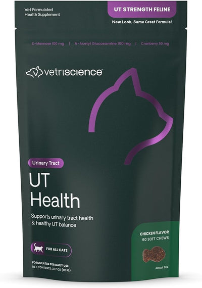 VetriScience UT Health Chews, UT Strength Cranberry and D-Mannose Bladder & Urinary Tract Supplement for Cats, with Bromelain and Probiotics, Chicken, 60 Count