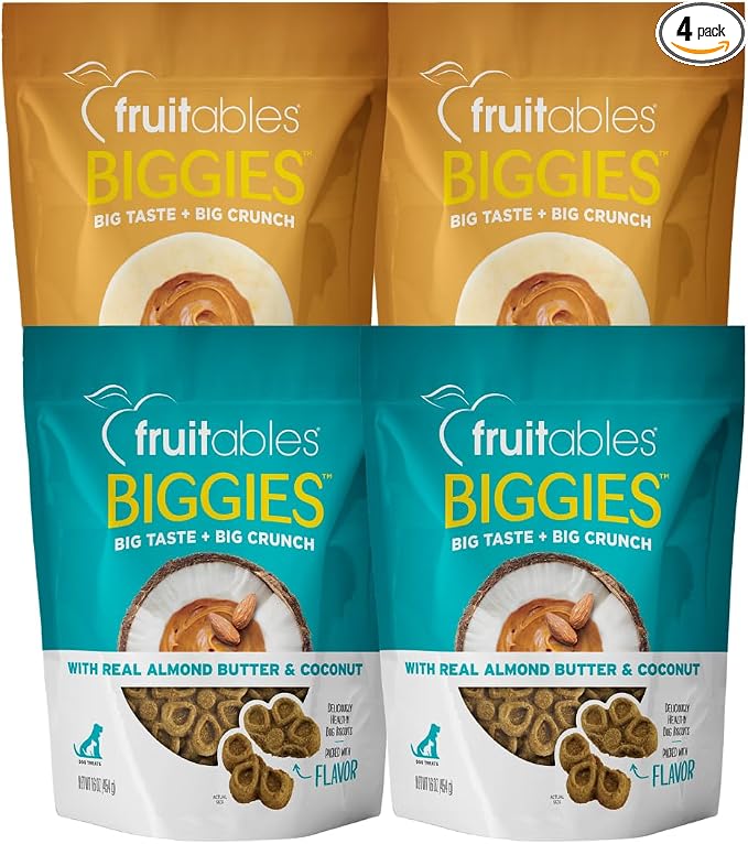 Fruitables Biggies Soft & Chewy Dog Treats Variety Pack, 16 oz Bags Pack of 4 | Peanut Butter Banana and Almond Butter Coconut Dog Treats | Soft Natural Reward Snacks Made with Real Ingredients