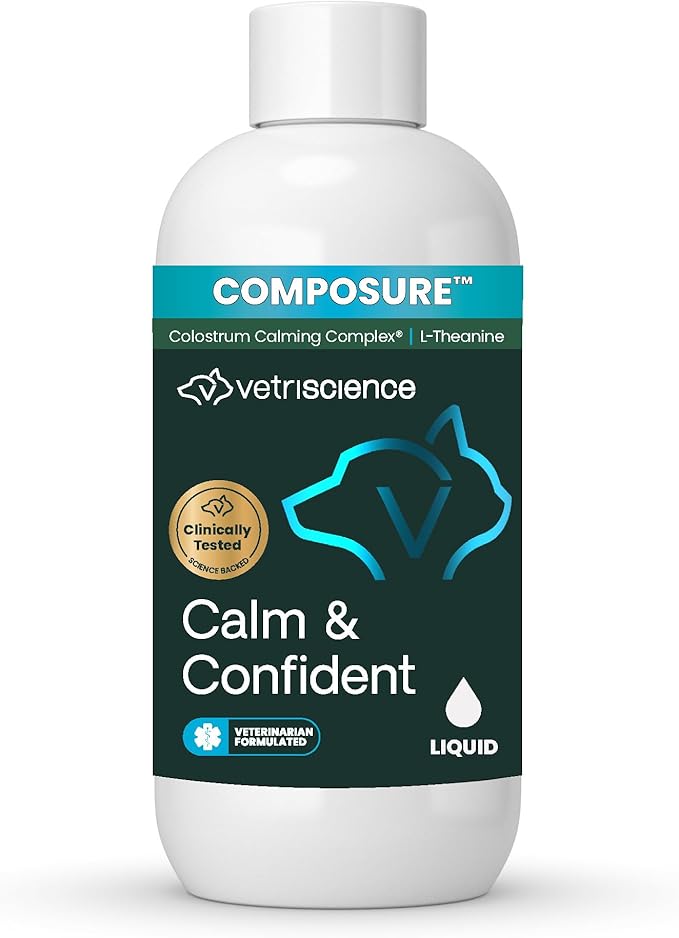 VetriScience Calm & Confident Liquid, Composure Calming and Anxiety Supplement for Dogs and Cats, Reduce Stress and Fear, Ideal for Thunderstorms, Fireworks, Vet & Routine Changes, Unflavored, 8 oz