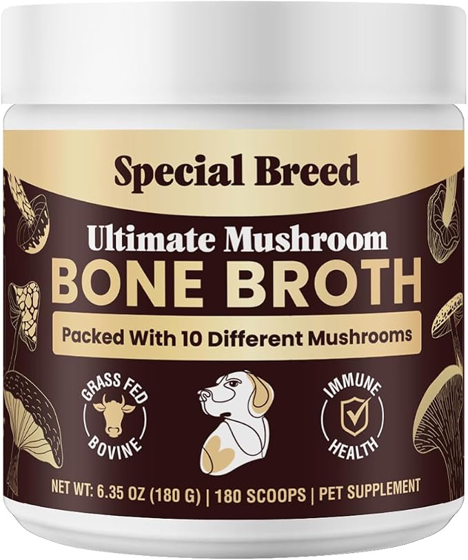 Beef Bone Broth for Dogs - High Protein Powder with Ten Organic Mushrooms & Collagen - Immune, Joint, Digestion & Cognitive Support - Tasty Dog Food Topper - Natural Hydration Booster