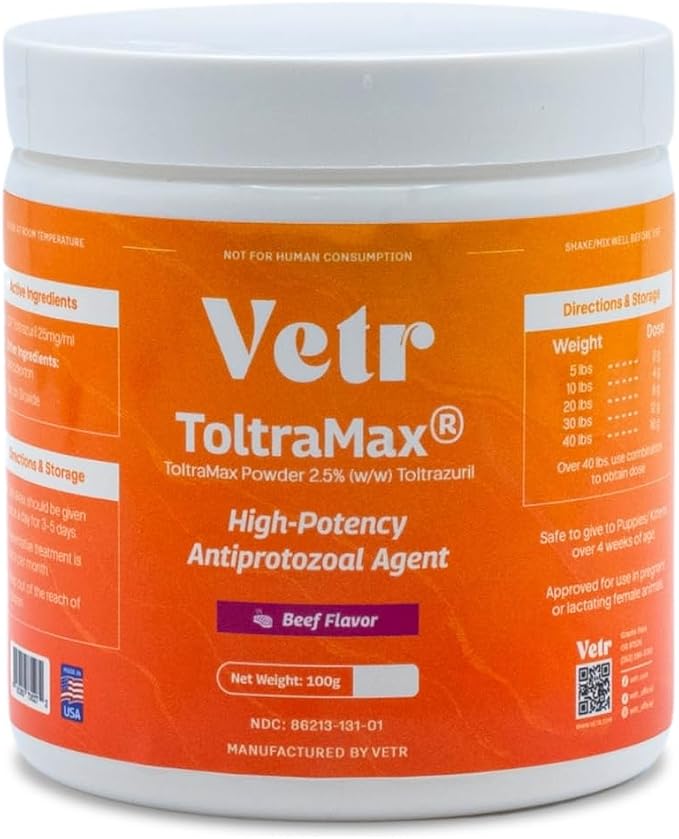 Vetr's Toltramax 2.5% Toltrazuril Powder for Dogs, Cats, Horses, Anti-Coccidia, Antiprotozoal Agent, Safe for Puppies, Kittens, and Pregnant Animals, 100g (Beef Flavored)