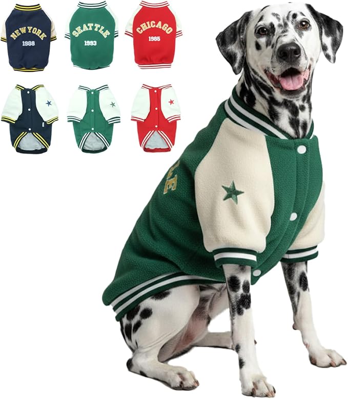 XXL Dog Winter Varsity Jackets – Fleece Warm Coats for All Breeds Puppies, Thick Lined Snap-On Outfits for Large Dogs, Doggy Sportwear for Cold Weather, Christmas Pet Costume for Pup, Green