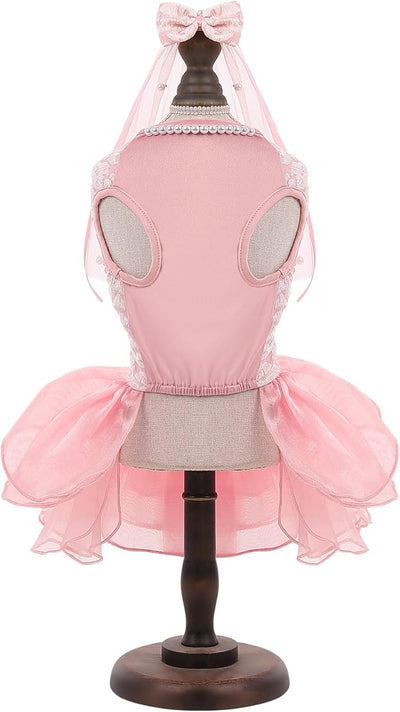 ASENKU Dog Dress, Dog Wedding Dress, Pet Lace Princess Dress with Bows for Wedding Birthday Party, Puppy Formal Apparel with Pearl Necklace for Large Dogs (Pink, X-Large)