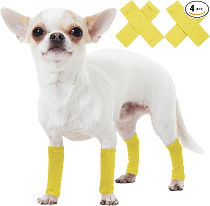 ROZKITCH Puppy Socks for Small Dogs, 2PCS Front Leg and 2PCS Back Leg Elbow Wrap, Leg Warmer Wrap Protector, Pet Elastic Knitted Breathable Protective Sock Yellow for Toy Poodle, Pomeranian S