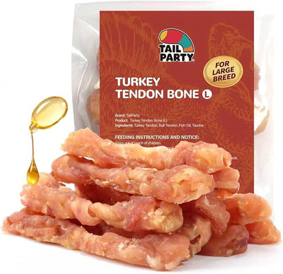 TailParty Turkey Tendons for Dogs with Fish Oil & Taurine (Bone, L, 1 lb), All Natural Dental Chews & Training Treats for Large Dogs, Long Lasting Snack for Health-Conscious Pet Owners
