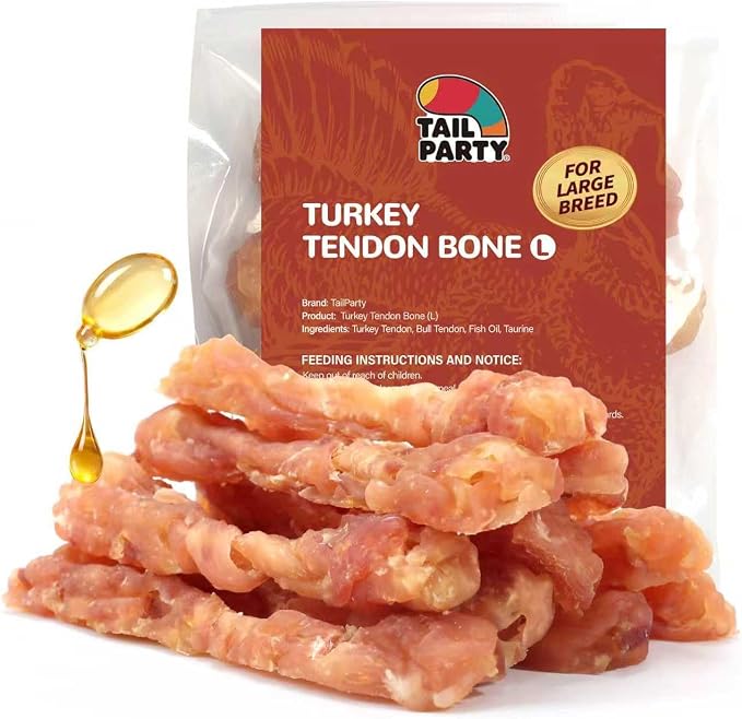 TailParty Turkey Tendons for Dogs with Fish Oil & Taurine (Bone, L, 1 lb), All Natural Dental Chews & Training Treats for Large Dogs, Long Lasting Snack for Health-Conscious Pet Owners
