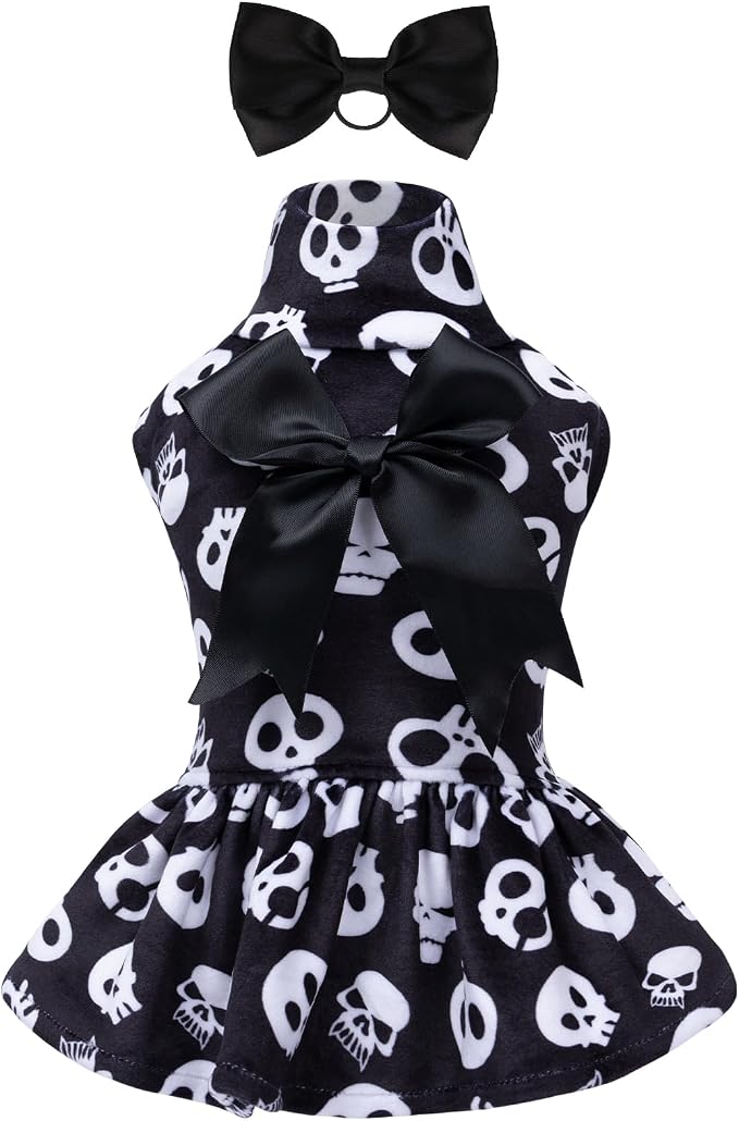 CuteBone Turtleneck Dog Velvet Dress Halloween Puppy Skirt Costume Pet Clothes Cat Apparel with Bow Hair Rope for Small Dogs CVD11L