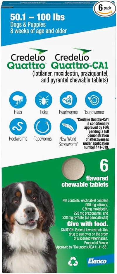 Credelio Quattro / Credelio Quattro-CA1 Dog Flea & Tick Treatment + Heartworm & Parasite Coverage, 50.1-100 lbs (6 Chewable Tablets)