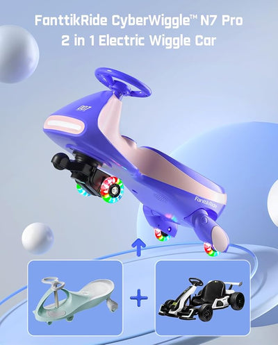 FanttikRide N7 Pro Electric Wiggle Car with Pedal, Rechargeable Battery, CyberWiggle, 2 in 1 Swing Car, 2 Speeds Max 4 Mph, Anti-Rollover, Flashing Wheels, Bluetooth, Ages 3+, 150 Lbs, Pink
