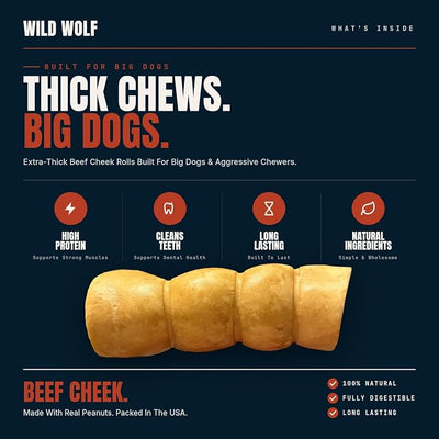 Wild Wolf 4-6" Peanut Butter Beef Collagen Cheek Rolls for Dogs (8 Pack) - 100% Natural Big Dog Chew - No Rawhide - Free-Range Grass-Fed, Packed with Protein - for Aggressive Chewers