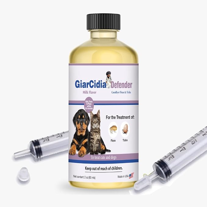 Giarcidia Flea & Tick Support for Cats & Dogs – Oral Suspension, Milk Flavor, 60ml Glass Bottle with 3ml Syringe Dropper – Fast Acting Pet Care Formula