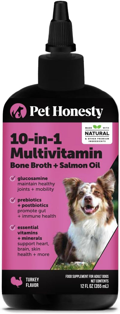 Liquid Multivitamin for Dogs with Salmon Oil - Omega 3 Fish Oil Food Topper Bone Broth Supplement - Daily Dog Vitamins for Allergy Itch Relief, Coat Health, Gut Digestion + Joints (12 oz)