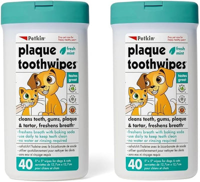 Petkin Cat and Dog Dental Wipes, 80 Wipes (Fresh Mint) - Natural Formula Cleans Teeth, Gums & Freshens Breath - for Daily Use - Convenient Dog Dental Care - 2 Packs of 40 Wipes (80 Wipes Total)