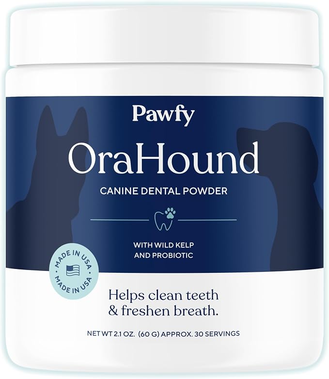 Pawfy Orahound Dog Teeth Cleaning Powder - Advanced Dental Powder for Dogs Teeth with Plaque and Tartar Control | Natural Dog Dental Care with Kelp, Zeolite, Charcoal for Bad Breath | 30 Servings