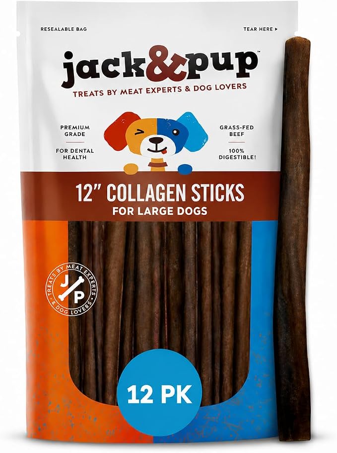 Jack&Pup 12" Beef Collagen Sticks for Dogs | Rawhide Free Dog Chews Long Lasting | Single Ingredient Healthy Dog Treats for Medium Dogs | Bully Stick Alternative (12 Pack)