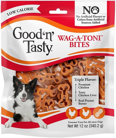 Good ‘n’ Tasty Triple Flavor Wag-A-Toni Bites, Low-Calorie Pasta-Shaped Dog Treats, Made with Real Chicken, Tasty Chicken Liver & Real Peanut Butter, Perfect Reward or Training Treat, 12 oz